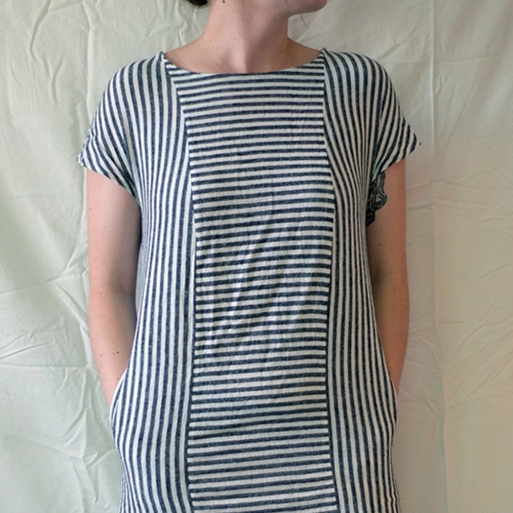 Button Back Tee Dress in Black Stripe